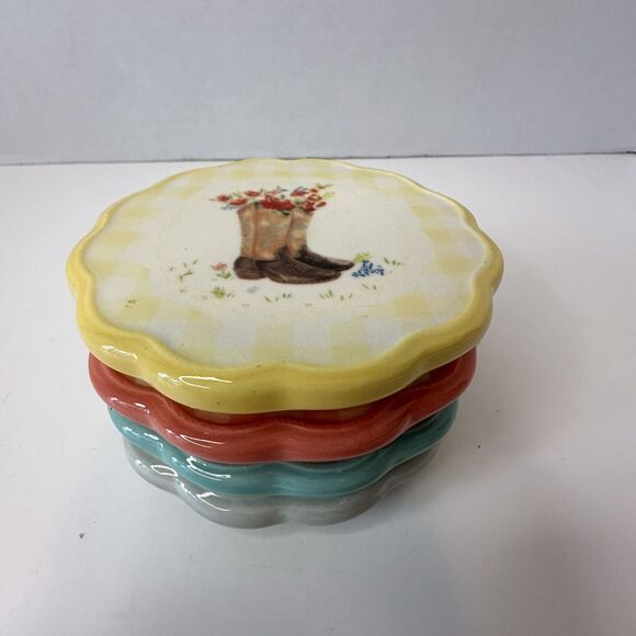 Pioneer Woman Stoneware Coasters Set of 4, Pig/Cowboy Hat/Cow/Boots Country/Farm - Picture 8 of 12